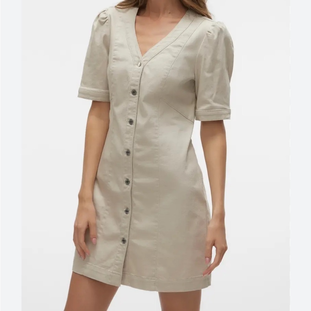 NEW! VERO MODA Wild Gena Denim Button Up V Mini Dress Pumice Stone SZ LG NWT